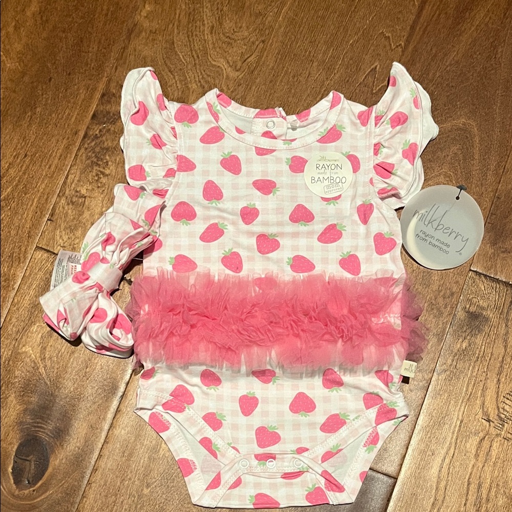 Milkberry Strawberry Tulle Ruffle Baby One-Piece